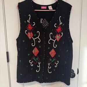 Appagallo Black Knit Vest with Red and Green Embroidered Acc